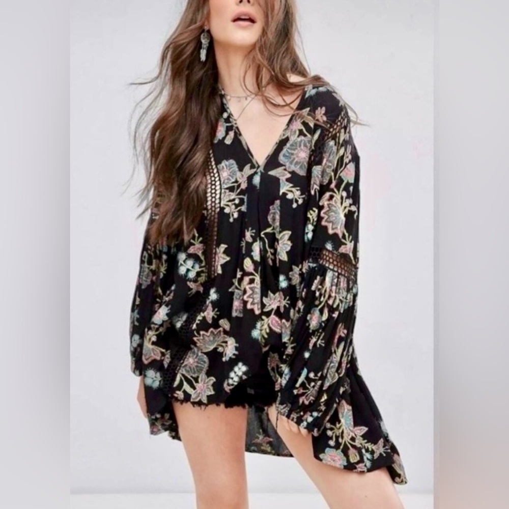 Free People Black and Pink Floral Baby Doll Long Sleeve Dress